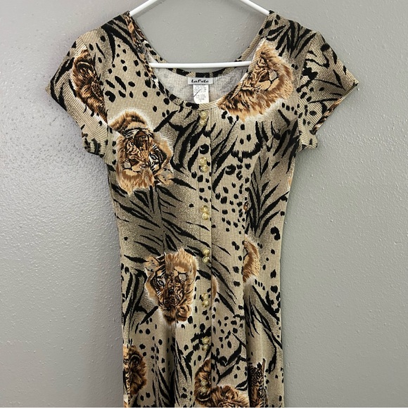 Vintage La Fete Ribbed Button Front Midi Dress Lion Tiger Animal Print Size M - Picture 2 of 8